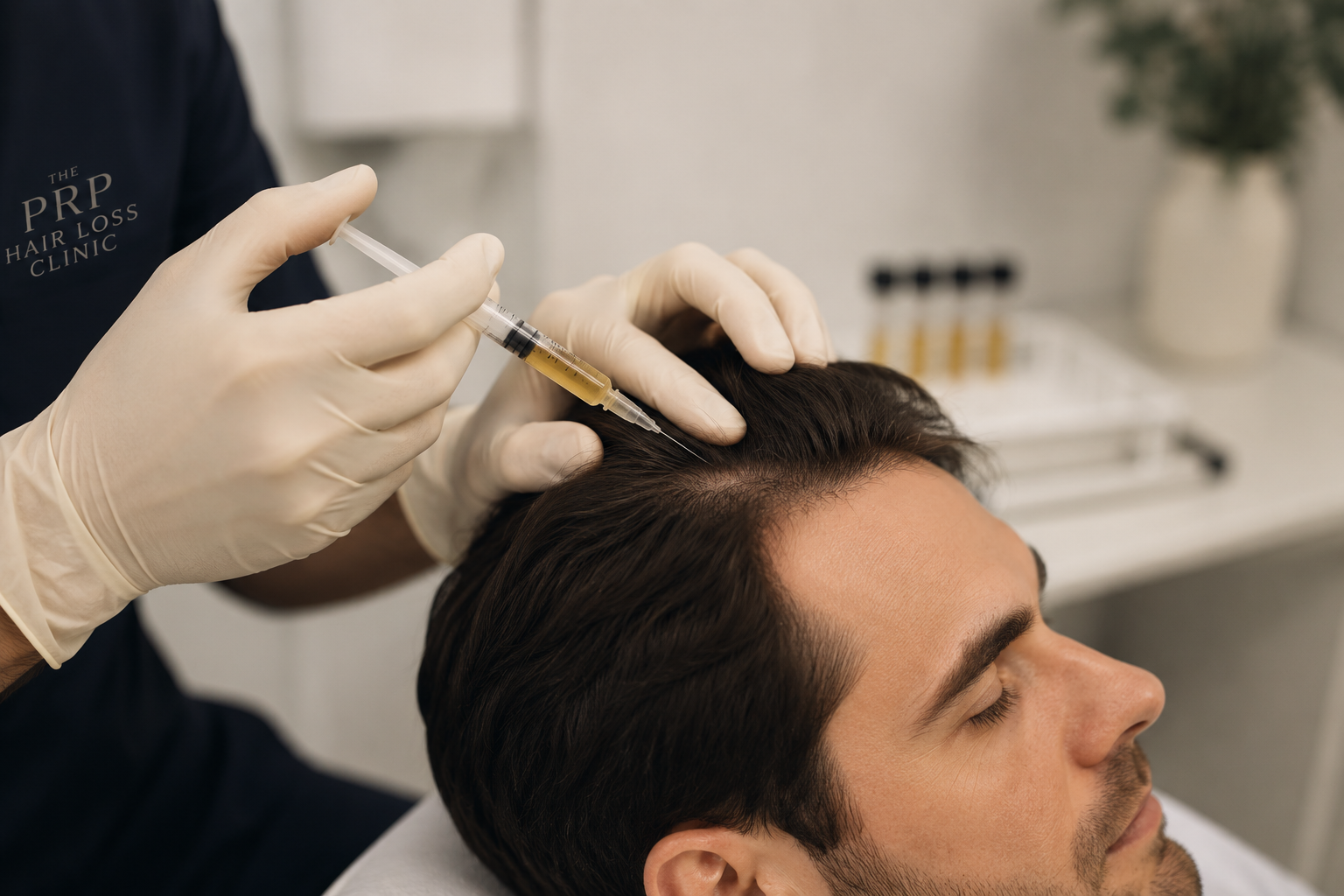 A qualified clinician performing a PRP hair loss injection into a patient's scalp at PRP Hair Loss Clinic